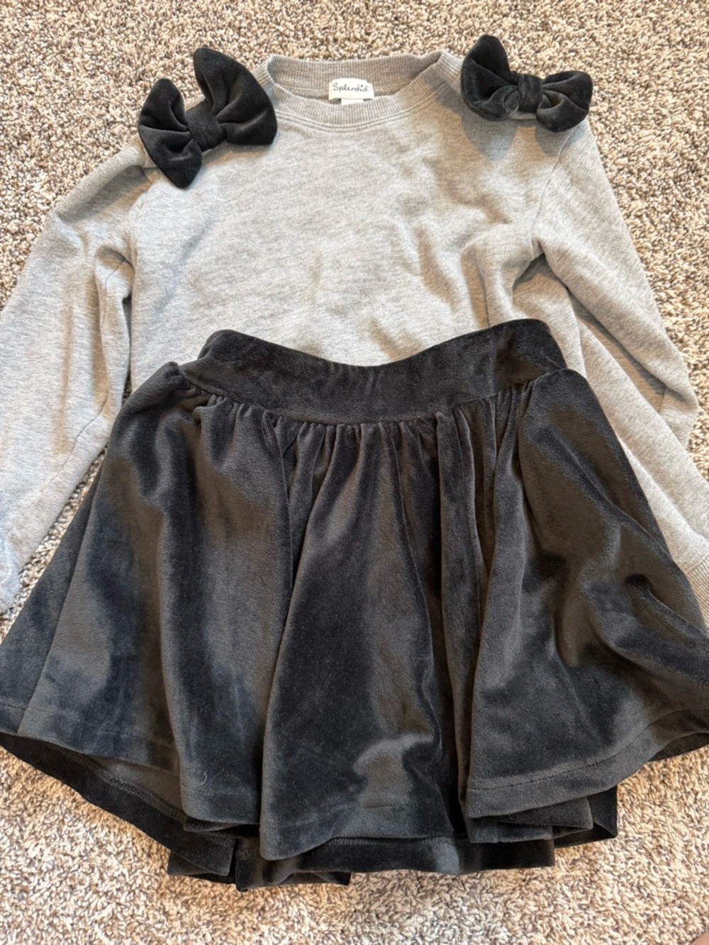 Splendid Gray Sweater with Black Velvet Skirt and Bow Accents